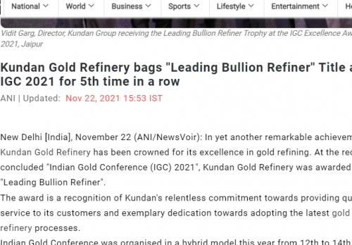Kundan Gold Refinery bags ”Leading Bullion Refiner” Title at IGC 2021 for 5th time in a row